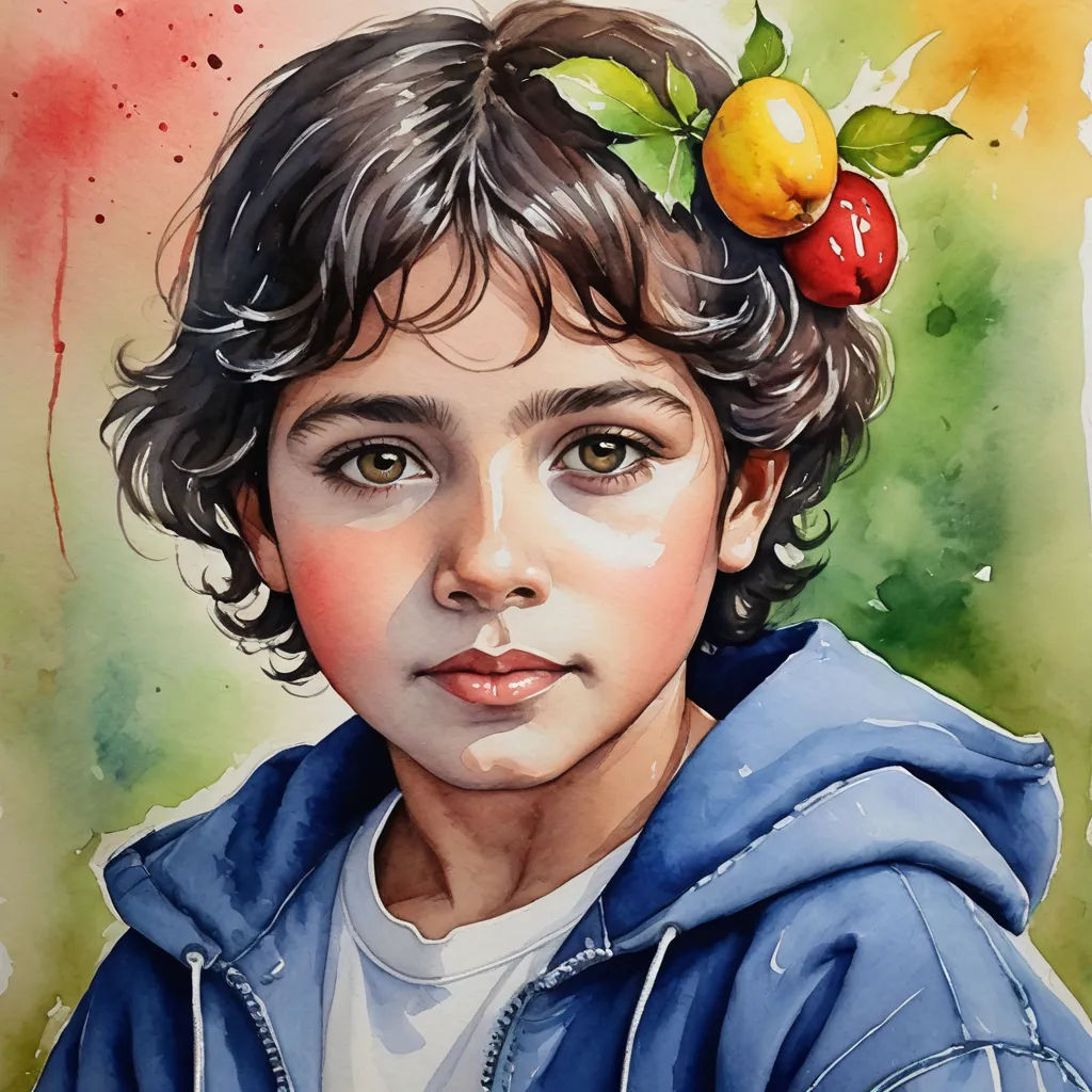 a painting of a boy with a fruit on his head and a blue hoodie on his head,, figurative art, a watercolor painting, Diego Gisbert Llorens, photorealistic portrait