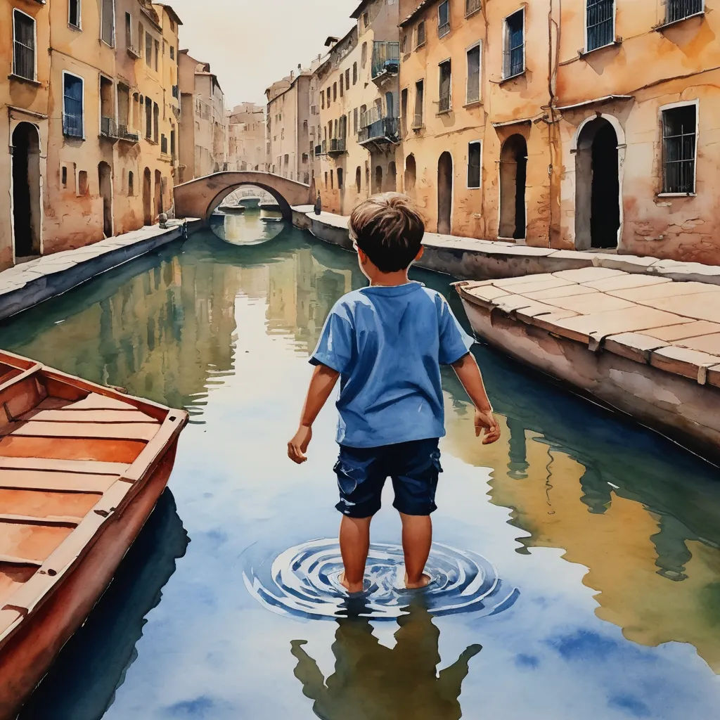 a painting of a boy standing in a canal with a boat in the water and buildings in the background, figurative art, a watercolor painting, Colin Middleton, thierry doizon