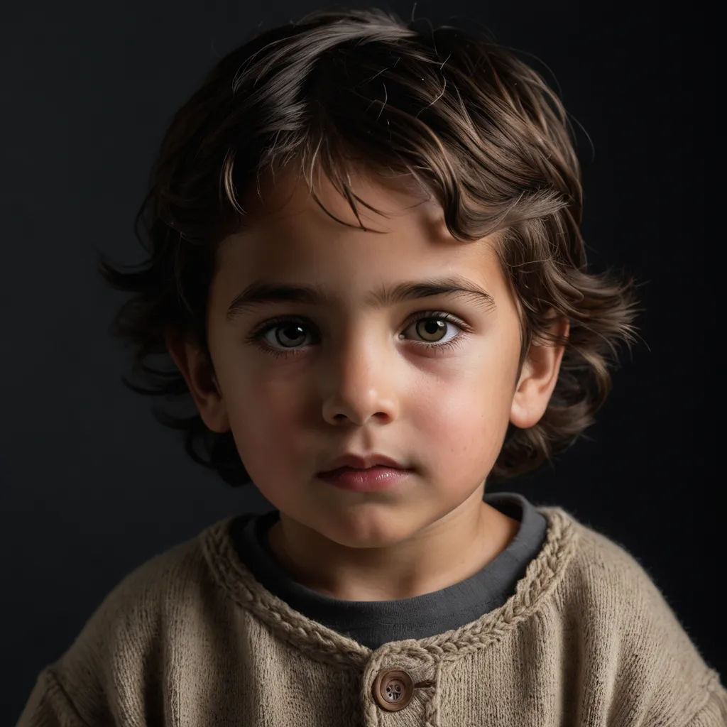 a young boy with a brown shirt and a black background is looking at the camera with a serious look on his face, art photography, a character portrait, Diego Gisbert Llorens, portrait photography