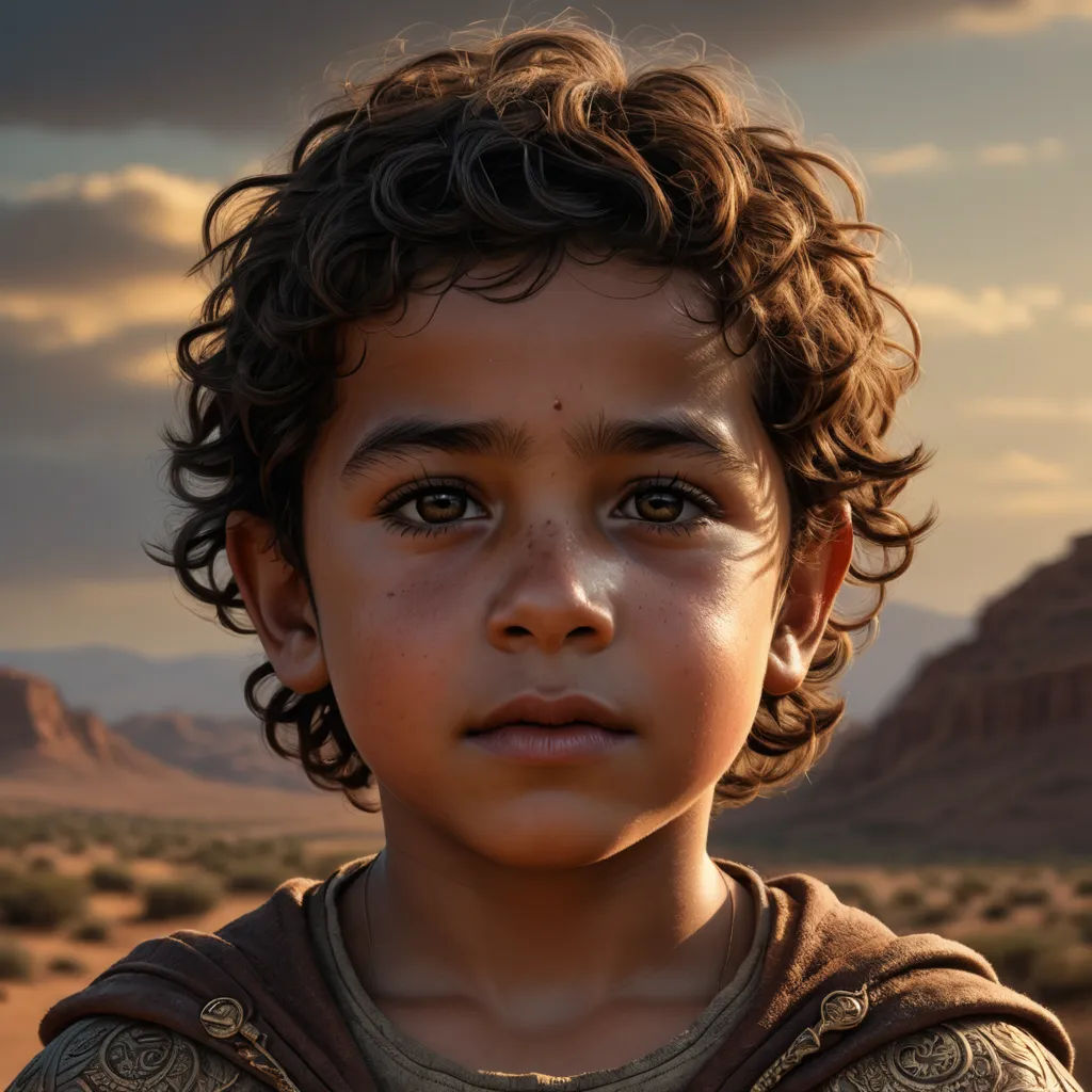 a young boy with curly hair and a brown shirt is looking at the camera with a desert background and a cloudy sky, photorealism, a photorealistic painting, Diego Gisbert Llorens, ultra realistic digital art