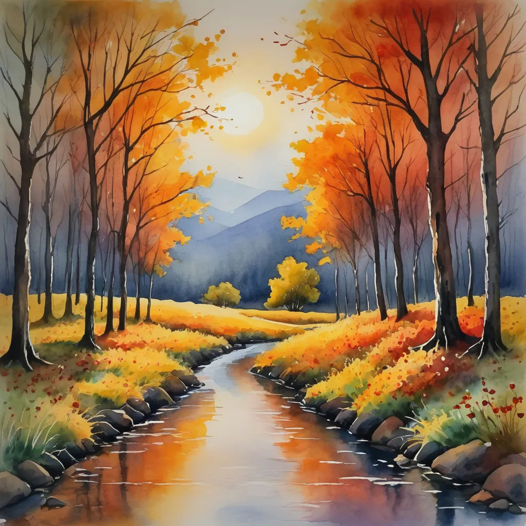 a painting of a stream running through a forest with trees and flowers in the fall colors of the leaves, american scene painting, a watercolor painting, Art Brenner, beautiful landscape