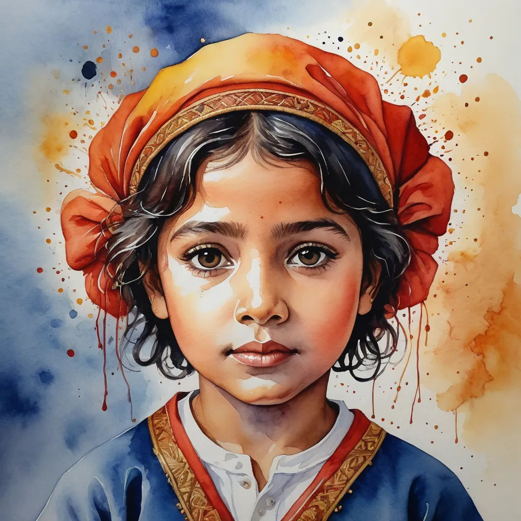 a painting of a young girl with a red head scarf on her head and a blue shirt on her shirt, figurative art, a watercolor painting, Anthony Devas, in gouache detailed paintings