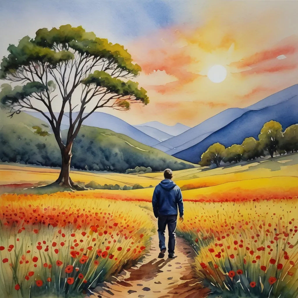 a painting of a man walking down a path in a field of flowers with a tree in the distance, metaphysical painting, a watercolor painting, David Martin, watercolor