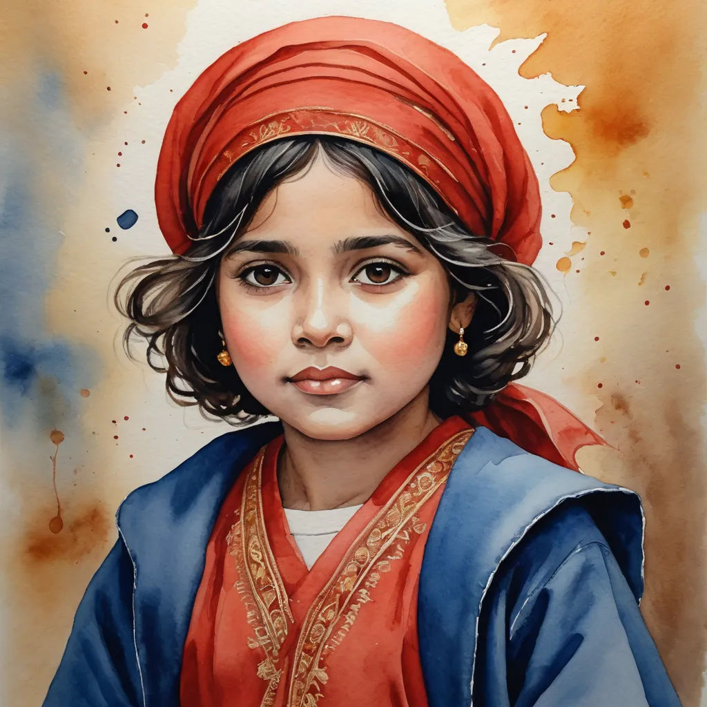 a painting of a young girl wearing a red turban and a blue dress with a red shawl, figurative art, a watercolor painting, artist, watercolor