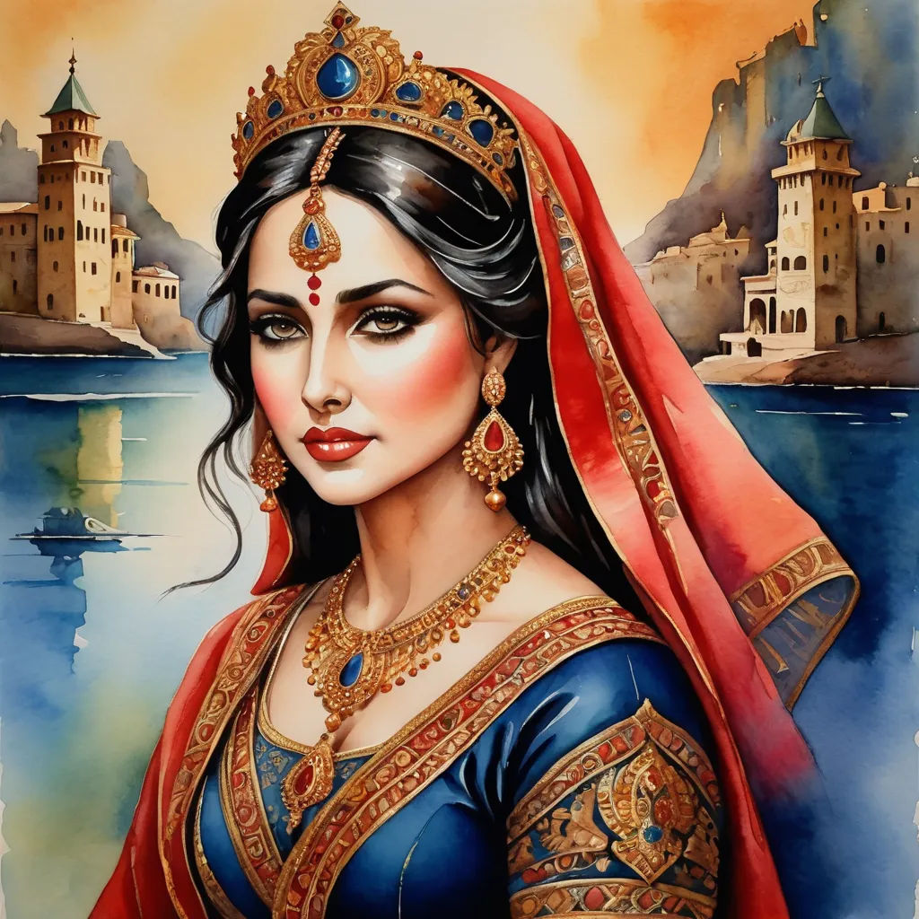 a painting of a woman in a blue and red dress with a red shawl and a red shawl, qajar art, a detailed painting, Altoon Sultan, detailed painting