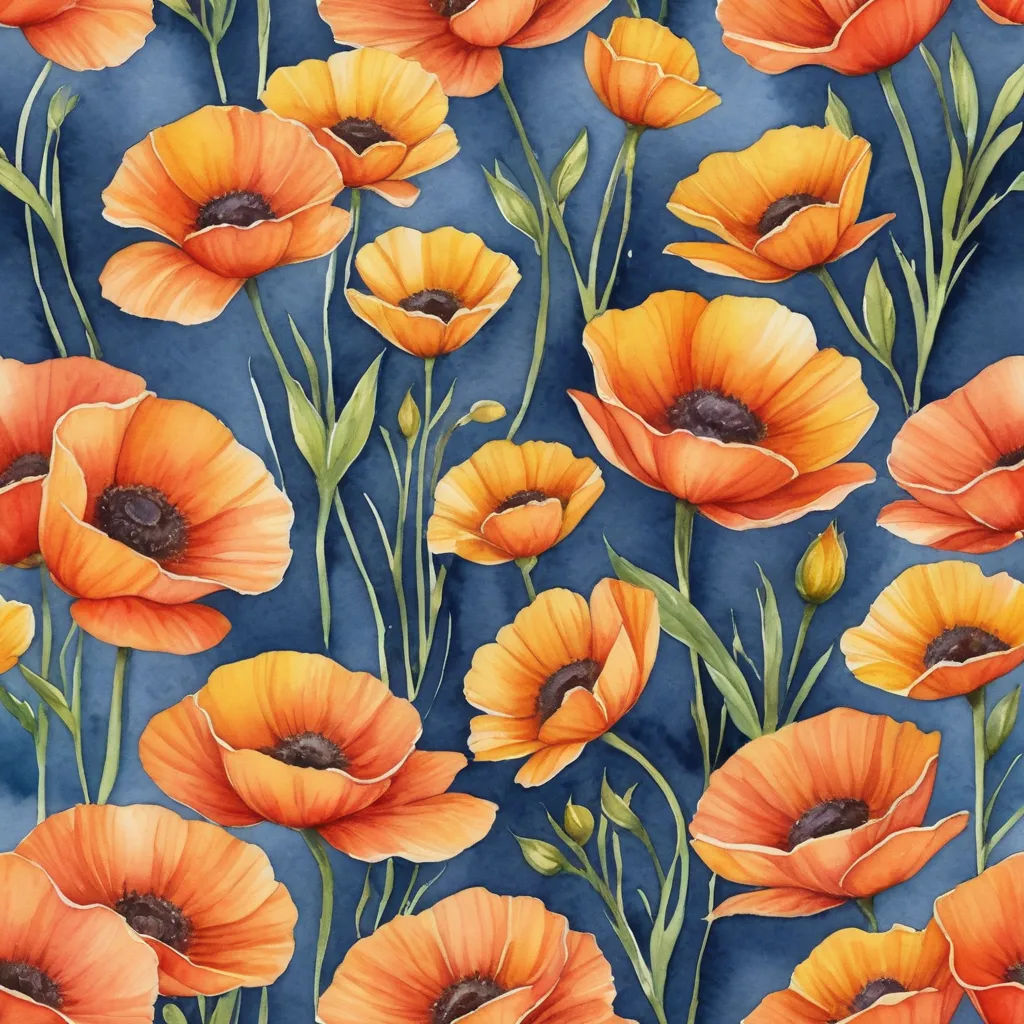 a painting of orange flowers on a blue background with watercolor effect photo of an orange flower on a blue background, arts and crafts movement, a watercolor painting, Annabel Kidston, in gouache detailed paintings