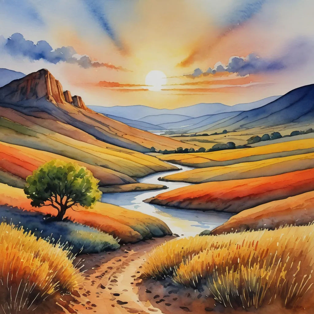 a painting of a sunset over a mountain valley with a river running through it and a lone tree in the foreground, american scene painting, a watercolor painting, David Martin, beautiful landscape