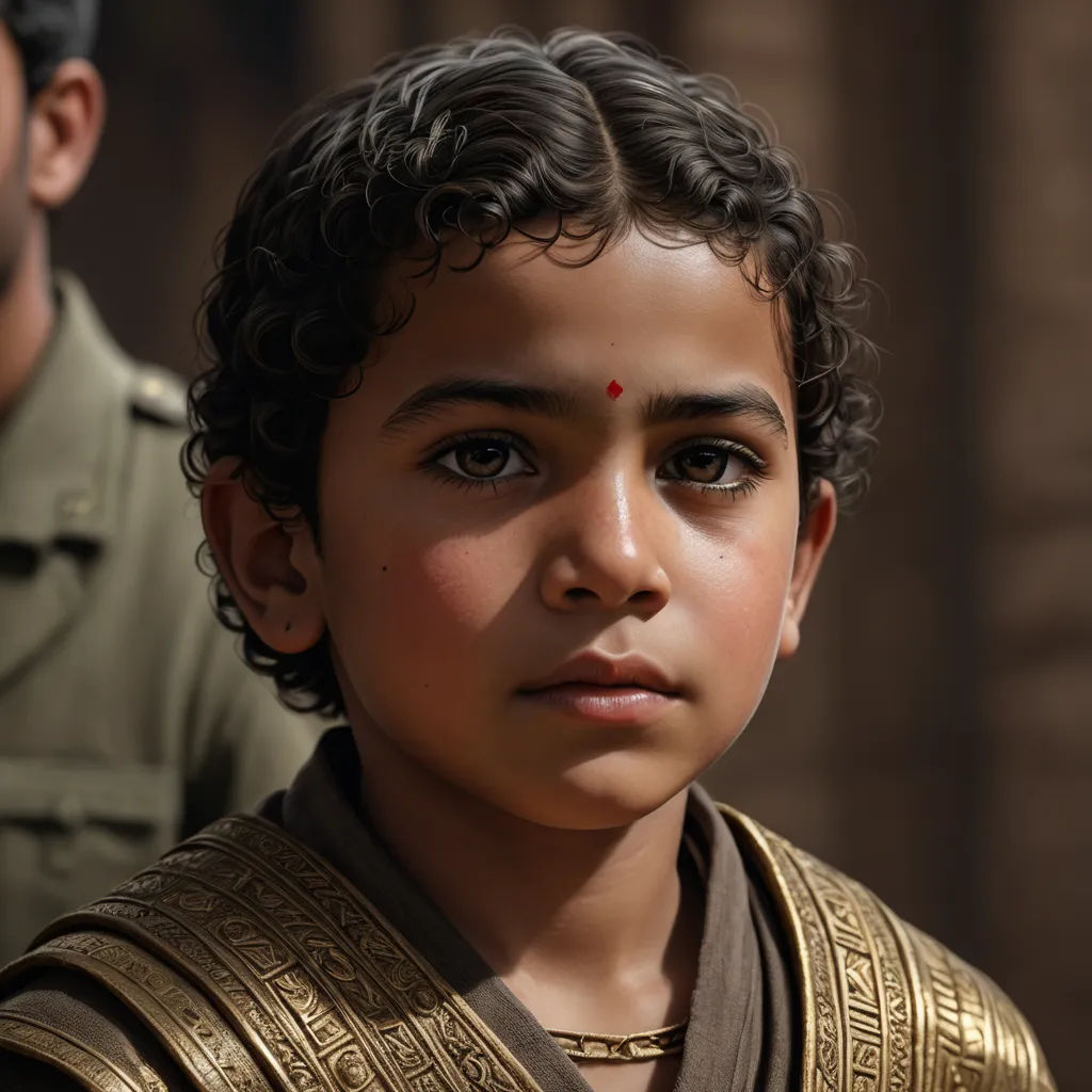 a young boy in a golden outfit with a soldier in the background looking at the camera with a serious look on his face, photorealism, a photorealistic painting, Craig Mullins, ultra realistic digital art
