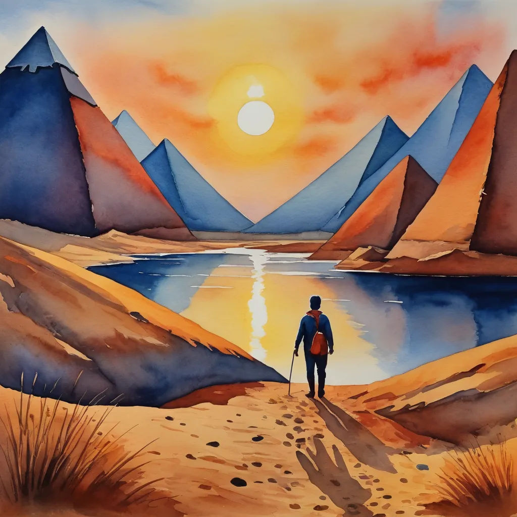 a painting of a man walking on a path towards a lake with mountains in the background and a sunset, metaphysical painting, egyptian art, Ernst Thoms, sun
