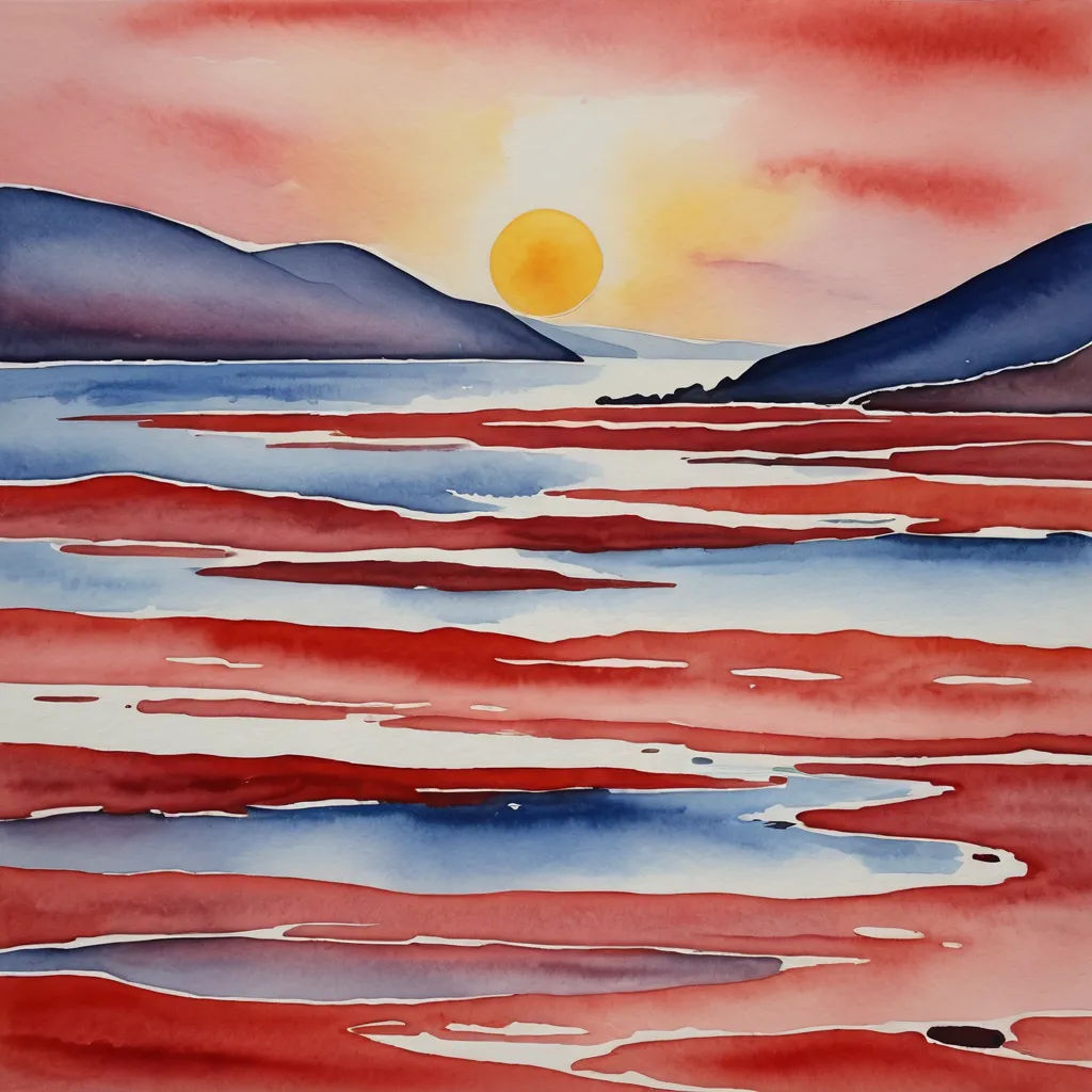 a painting of a sunset over a body of water with mountains in the background and a red sky with clouds, hudson river school, a watercolor painting, Alison Kinnaird, watercolor