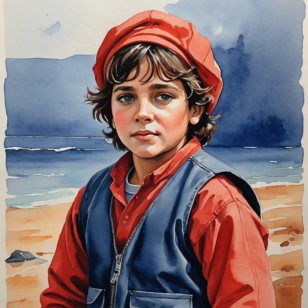 a painting of a boy in a red hat and blue vest on a beach with a blue sky and clouds, figurative art, a watercolor painting, Diego Gisbert Llorens, photorealistic portrait