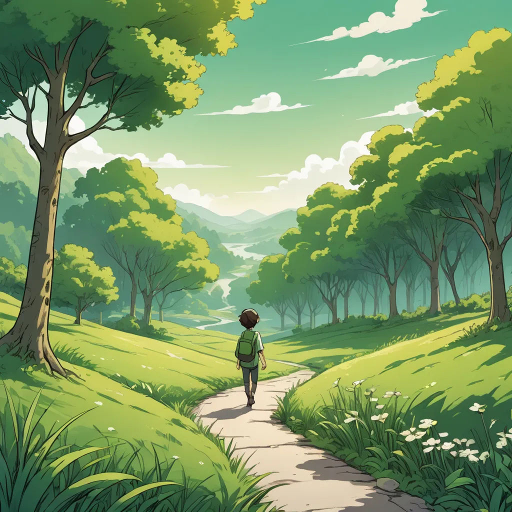 a person walking down a path through a lush green forest filled with trees and flowers on a sunny day, environmental art, a storybook illustration, Dan Mumford, promotional image