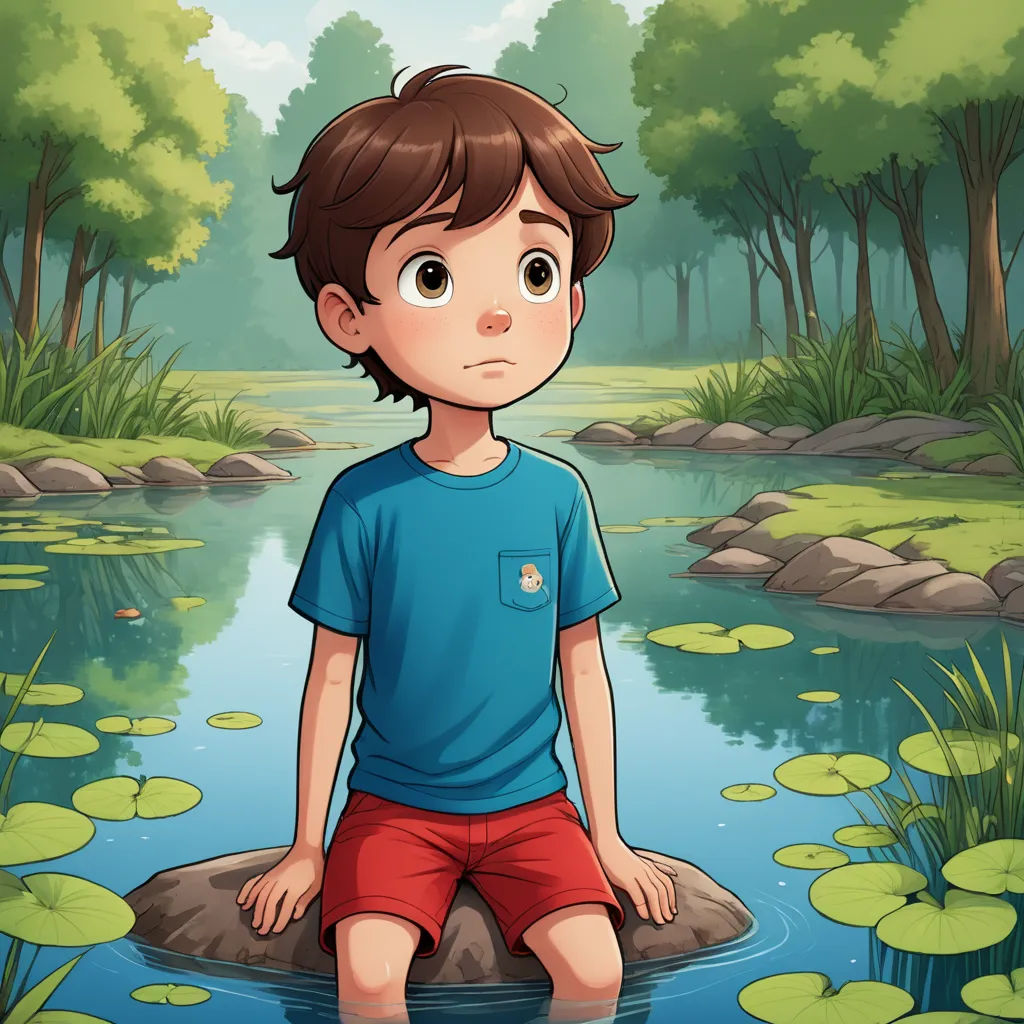 a boy sitting on a rock in a pond of water with lily pads around him and a forest in the background, sots art, a storybook illustration, Diego Gisbert Llorens, 2 d game art