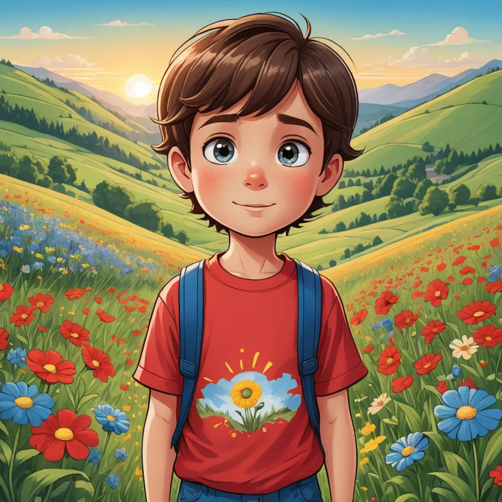 a boy standing in a field of flowers with a sunflower on his shirt and a blue backpack on his shoulder, serial art, a storybook illustration, Diego Gisbert Llorens, comic cover art