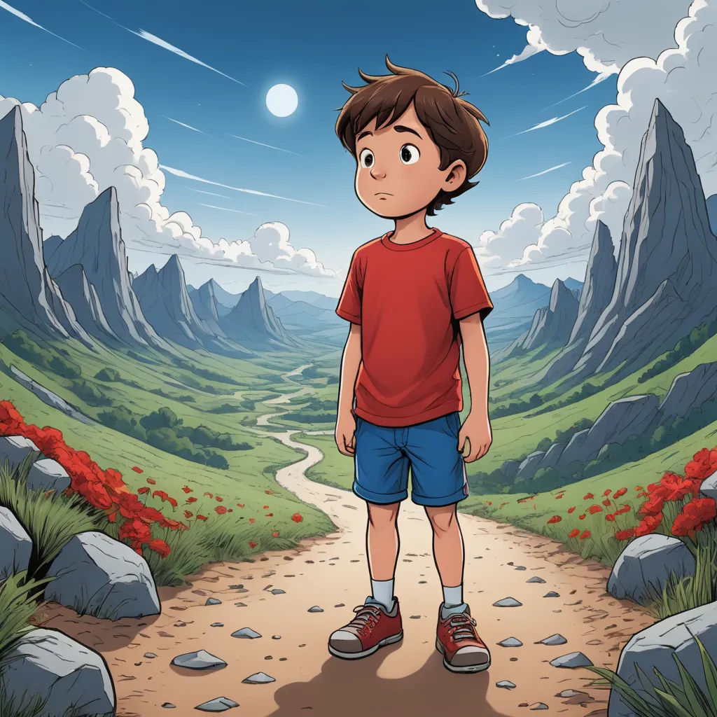 a boy standing on a path in a mountain landscape with a full moon in the sky above him and a mountain valley below, sots art, a storybook illustration, Diego Gisbert Llorens, ghibli