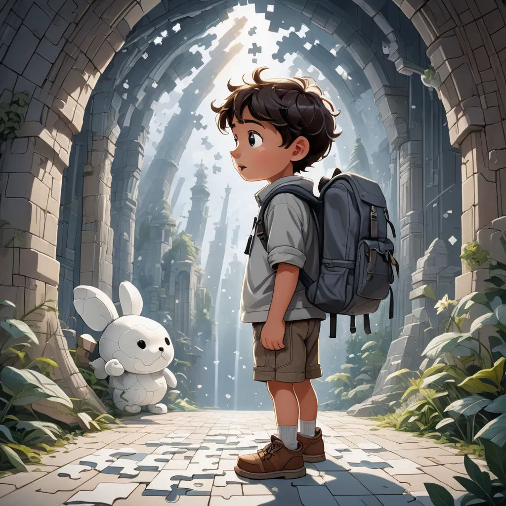 a boy with a backpack standing in a tunnel with a bunny in front of him and a rabbit in the background, fantasy art, a storybook illustration, Aaron Jasinski, rossdraws global illumination