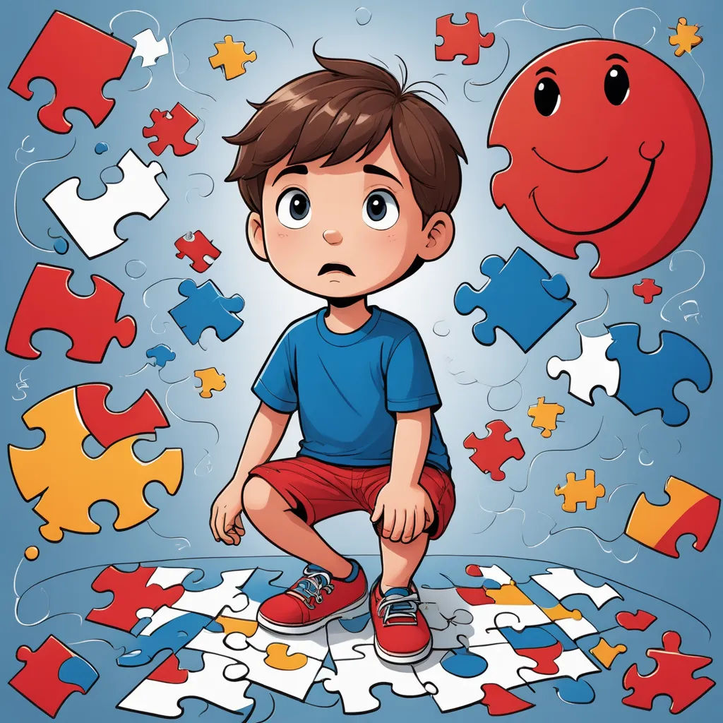 a boy sitting on a puzzle piece with a sad face on it's face and a thought bubble above him, abstract illusionism, a jigsaw puzzle, Diego Gisbert Llorens, comic cover art