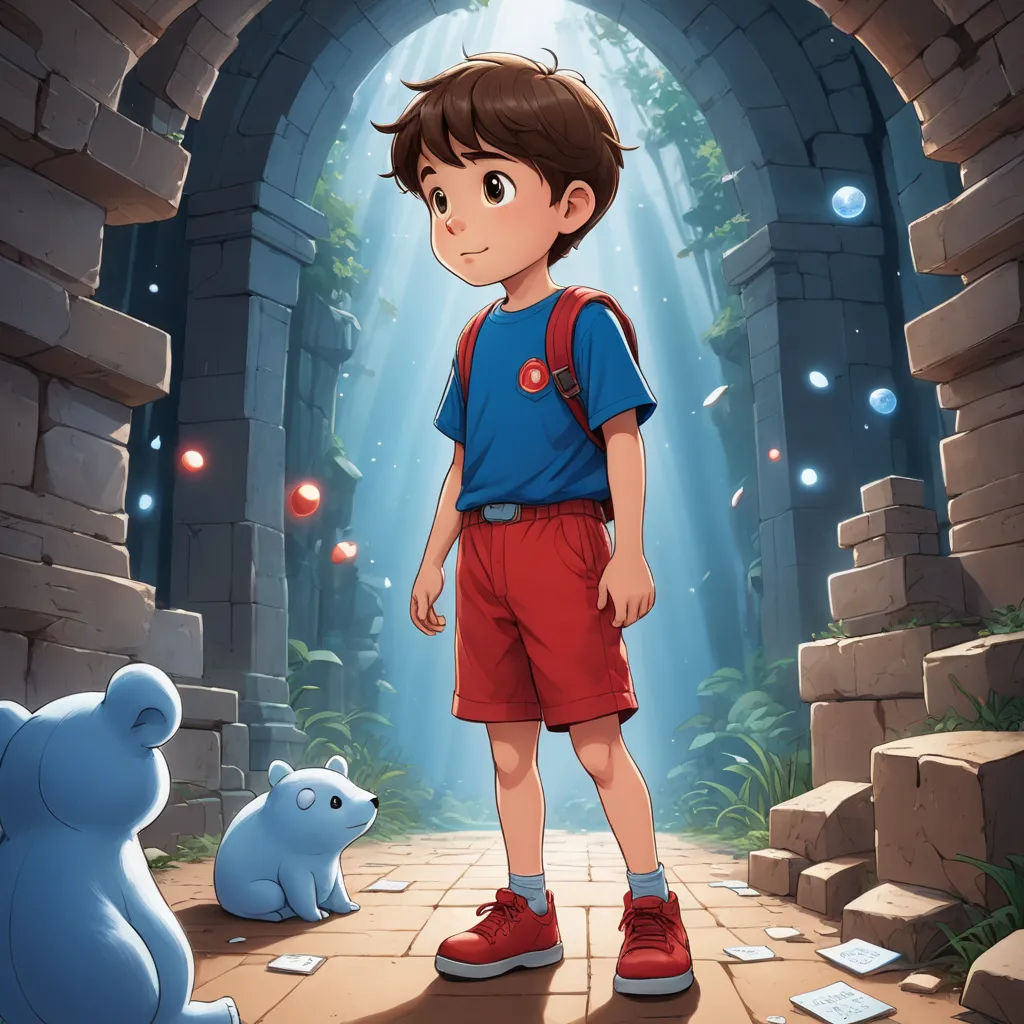 a boy standing in a tunnel with a bear nearby and a light shining down on him and a blue bear, serial art, a storybook illustration, Diego Gisbert Llorens, rossdraws global illumination