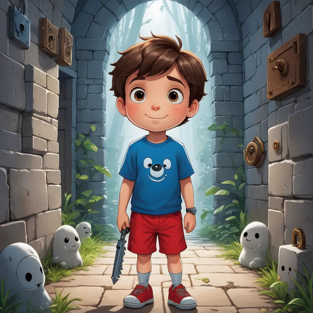 a boy holding a gun in a tunnel with a bunch of ghost dolls in the background and a cartoon character in the foreground, sots art, a storybook illustration, Diego Gisbert Llorens, rossdraws global illumination