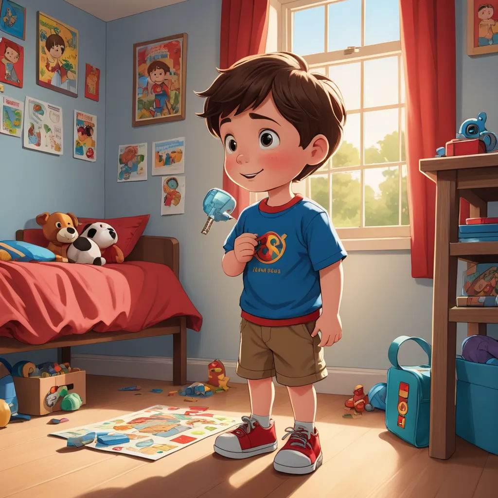 a boy standing in a bedroom with toys and a teddy bear on the floor and a bed in the background, american scene painting, a storybook illustration, Aaron Jasinski, professional digital painting