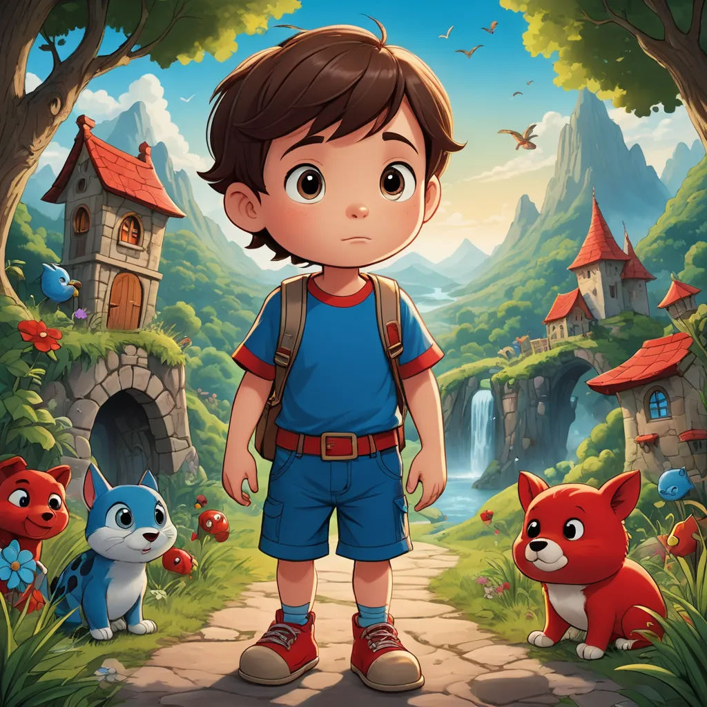 a boy standing in front of a forest with animals and a castle in the background with a bird flying overhead, sots art, a storybook illustration, Diego Gisbert Llorens, rossdraws global illumination