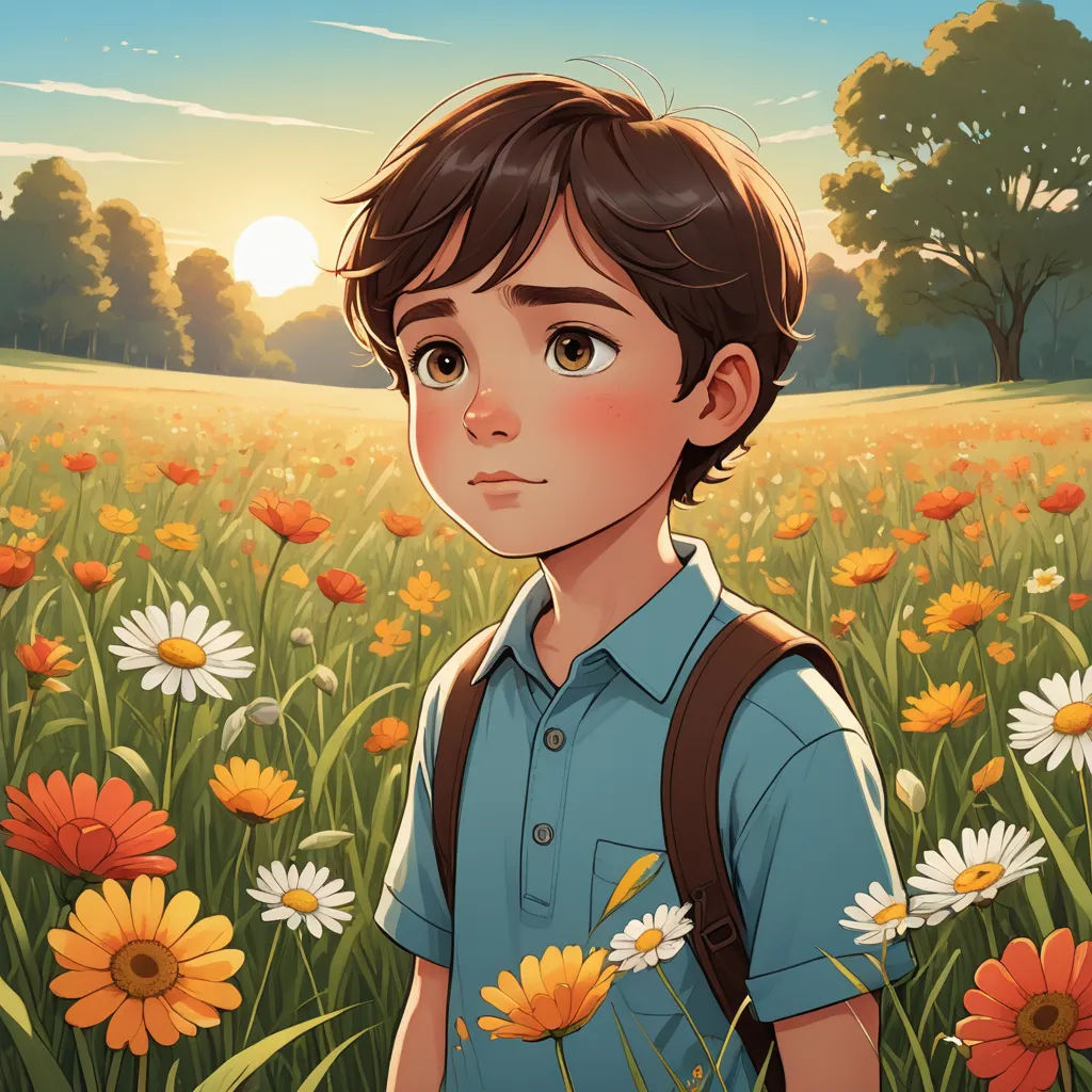 a boy standing in a field of flowers with a backpack on his shoulder and a sun in the background, serial art, a storybook illustration, Diego Gisbert Llorens, rossdraws global illumination