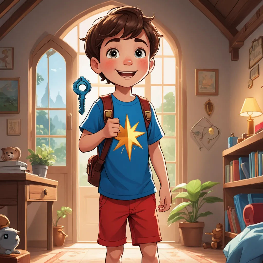 a boy holding a key to a room with a window and a bookcase in the background and a book case in the foreground, paris school, a storybook illustration, Diego Gisbert Llorens, rossdraws global illumination