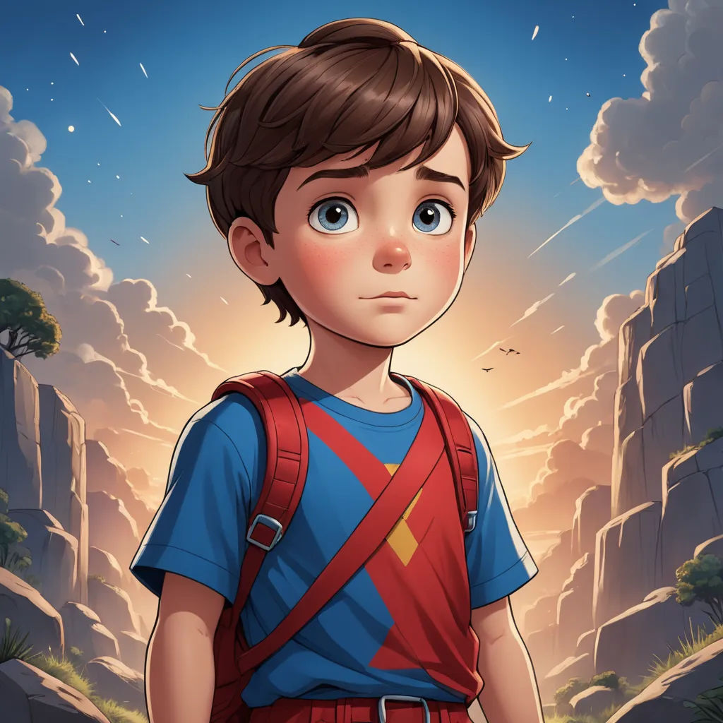 a boy with a backpack standing in front of a mountain with a sky background and clouds above him, with a bird flying overhead, serial art, a character portrait, Alejandro Burdisio, rossdraws global illumination