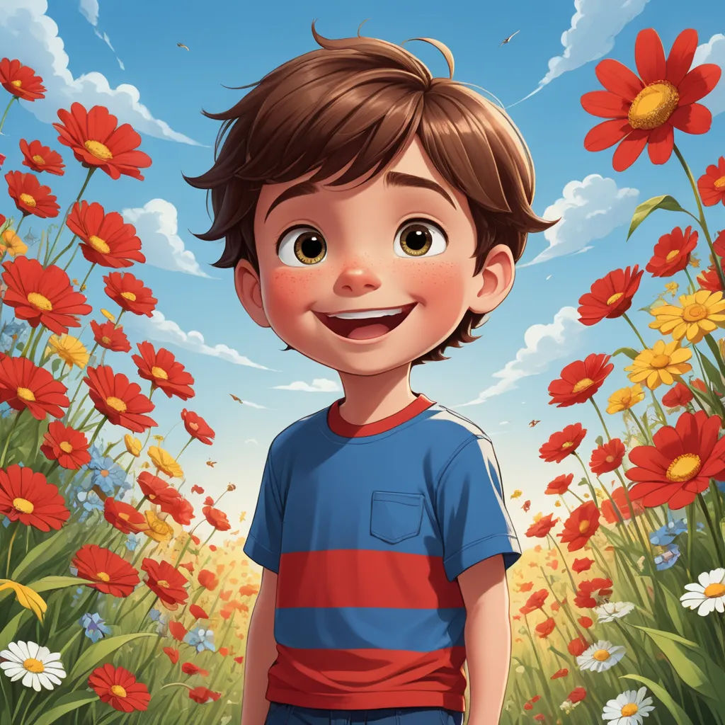 a boy standing in a field of flowers with a sky background and clouds in the background, with a sunlit smile, color field, a character portrait, Alejandro Burdisio, rossdraws global illumination