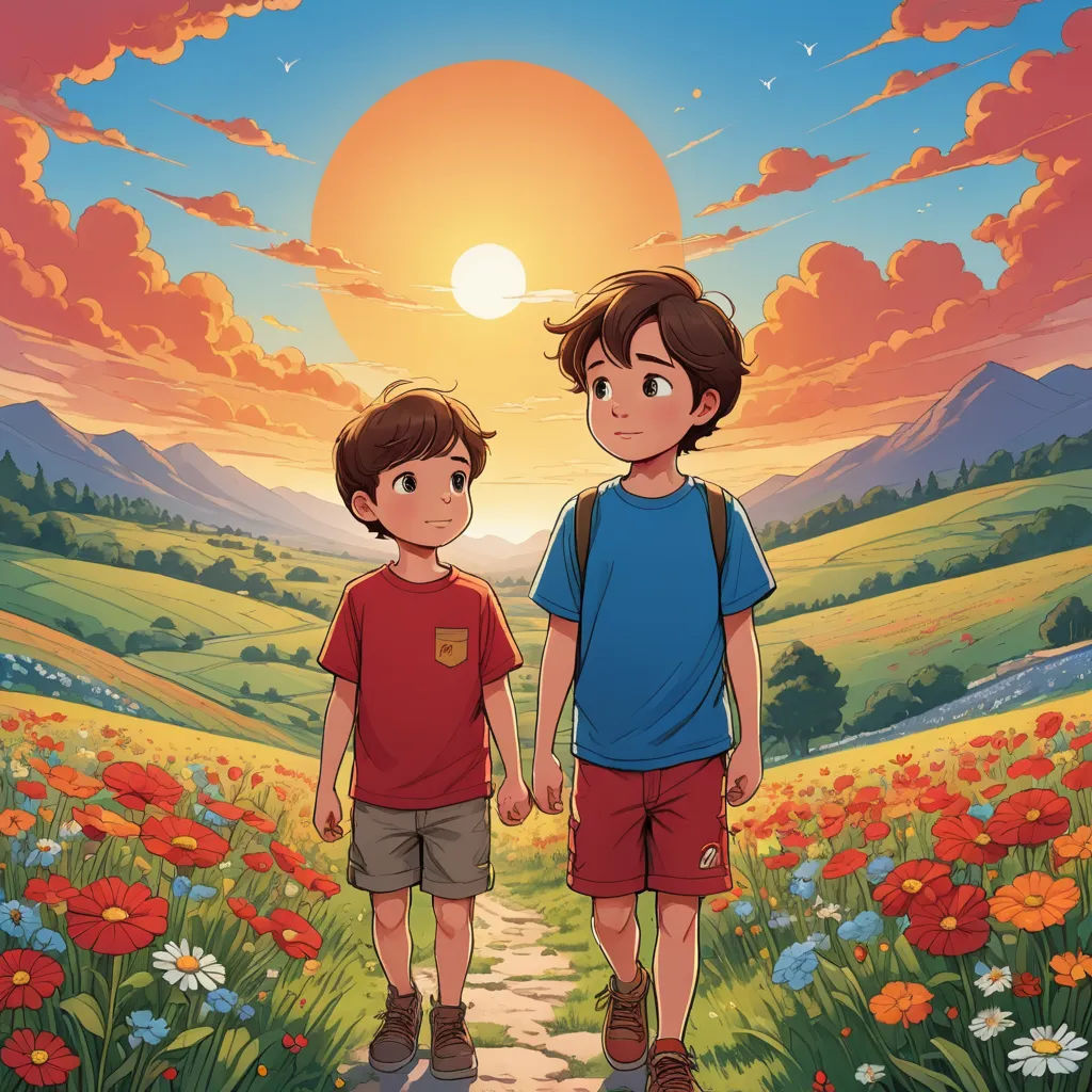 two boys are walking down a path in a field of flowers at sunset with the sun setting behind them, sots art, a storybook illustration, Brothers Hildebrandt, comic cover art
