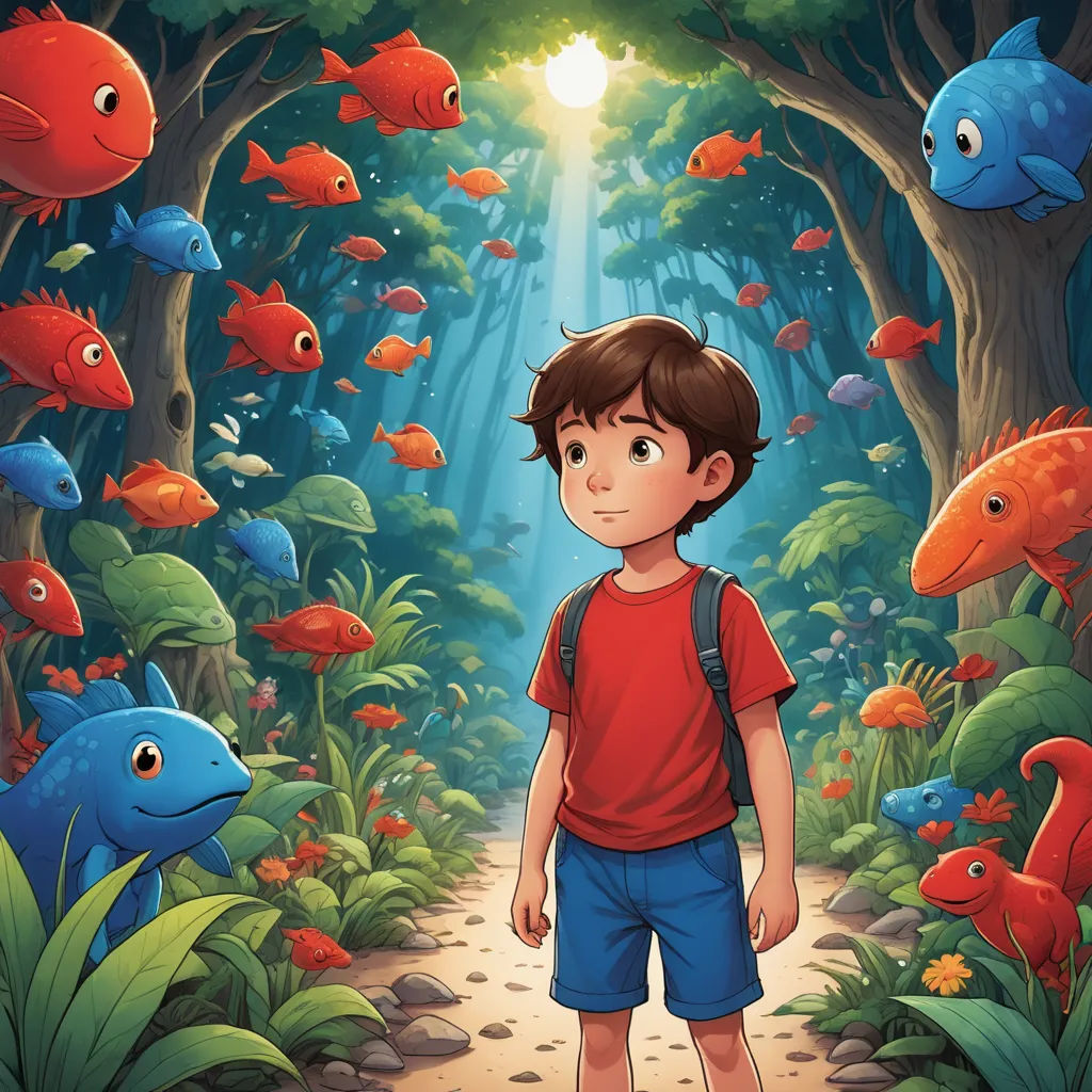 a boy standing in the middle of a forest with fish around him and a bright light shining on him, fantasy art, a storybook illustration, Diego Gisbert Llorens, lostfish
