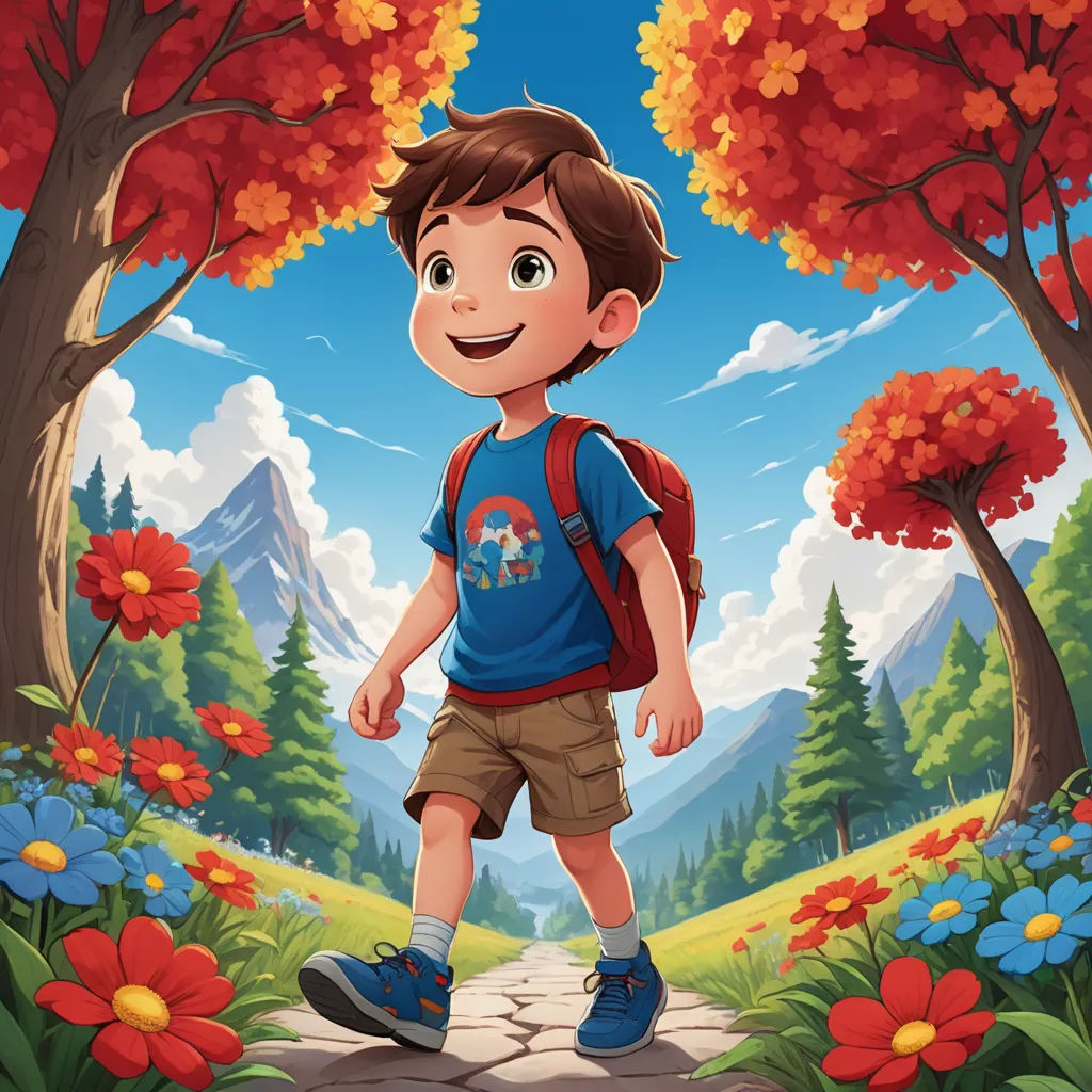 a boy with a backpack is walking through the forest with flowers and trees on the ground and a mountain in the background, lyco art, a storybook illustration, Diego Gisbert Llorens, rossdraws global illumination