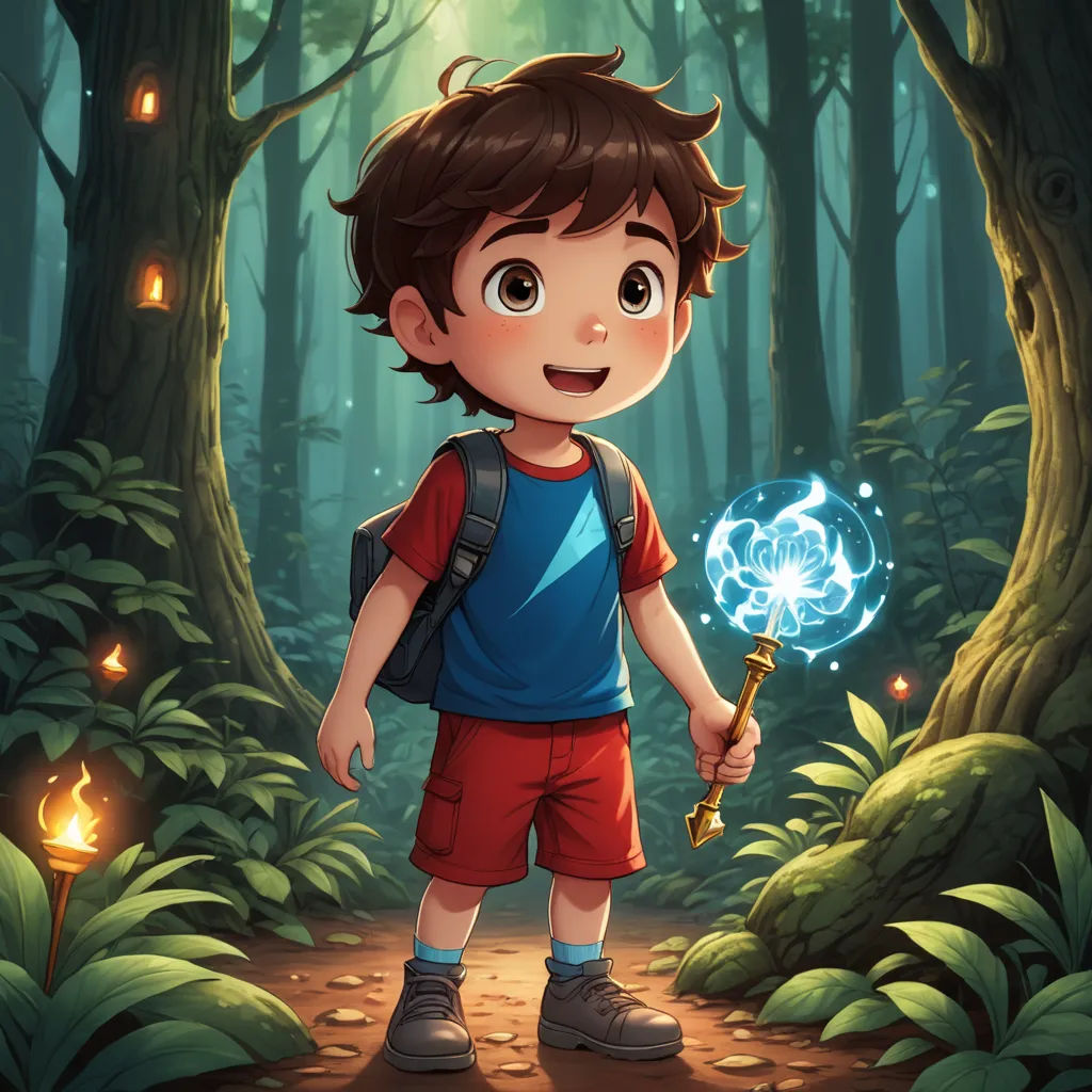 a boy holding a wand in a forest with a glowing orb in his hand and a glowing orb in his hand, fantasy art, a storybook illustration, Diego Gisbert Llorens, rossdraws global illumination