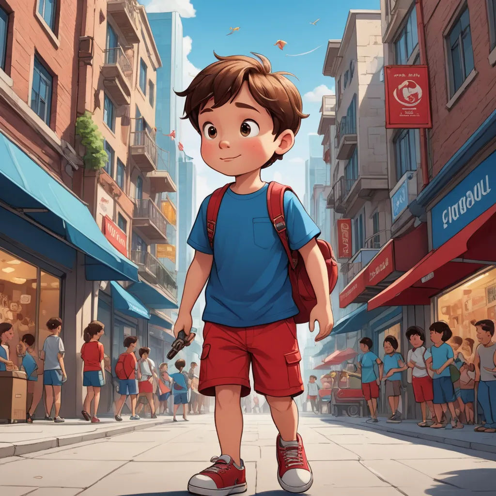 a boy walking down a street with a backpack on his back and a red backpack on his shoulder, in front of a crowd of people, photorealism, a storybook illustration, Diego Gisbert Llorens, rossdraws global illumination