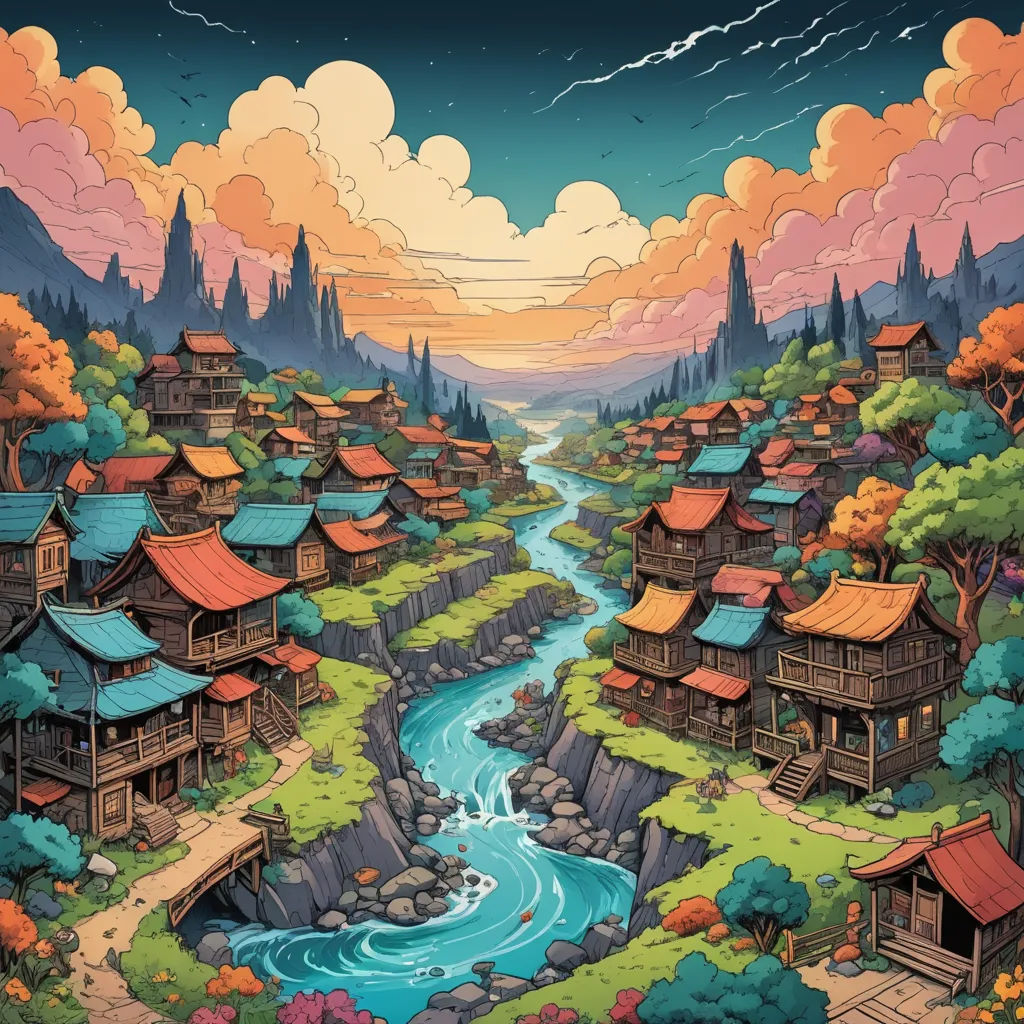 a painting of a village with a river running through it and a mountain in the background with clouds in the sky, fantasy art, an ultrafine detailed painting, Dan Mumford, josan gonzales and dan mumford