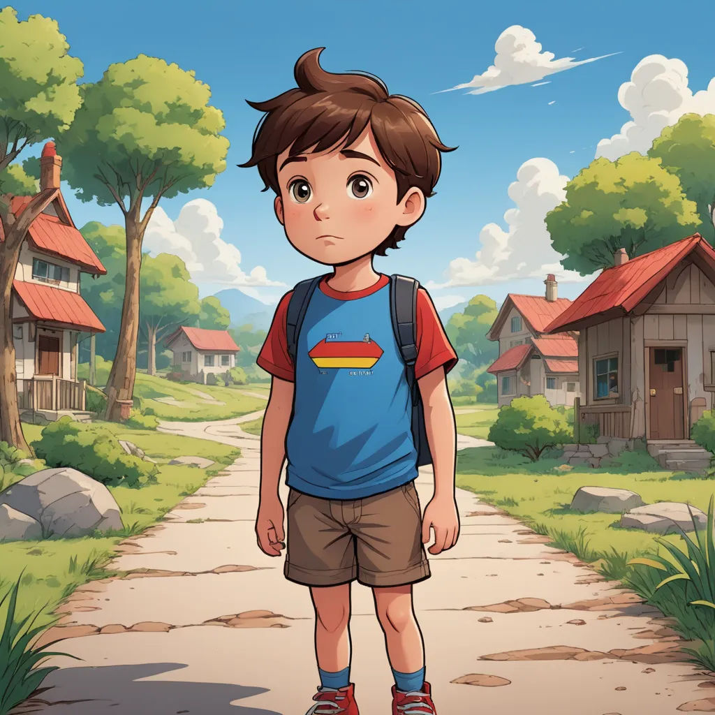a boy standing on a path in front of a village with a house and trees on the other side, serial art, a character portrait, Cedric Seaut (Keos Masons), 2 d game art