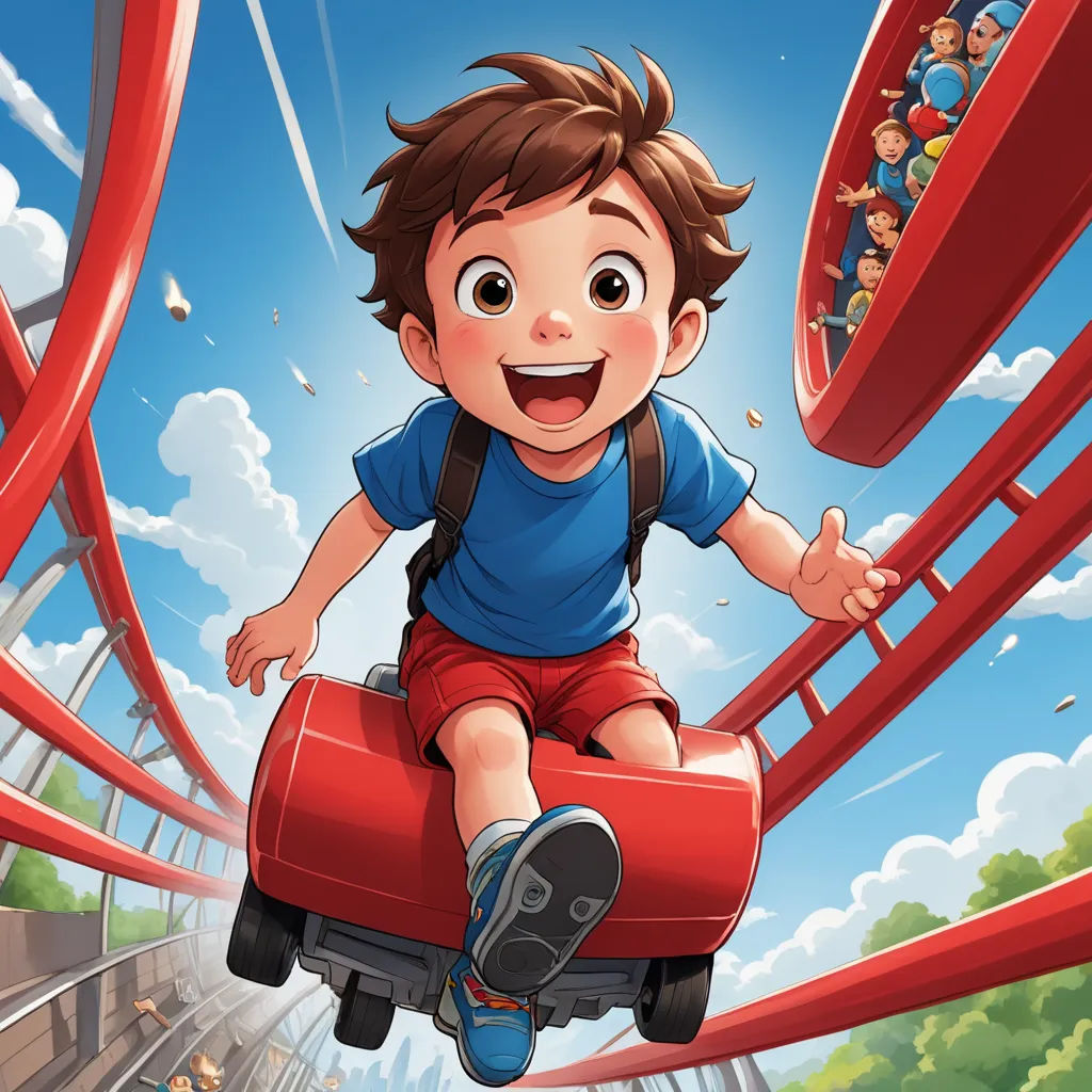 a boy is riding a roller coaster in a cartoon style with a sky background and clouds in the background, sots art, a storybook illustration, Cliff Childs, yukito kishiro