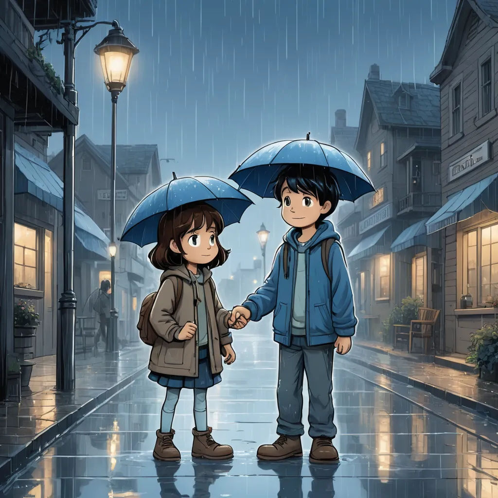 a couple of people holding hands under umbrellas in the rain on a city street at night with buildings and street lamps, romanticism, a painting, Diego Gisbert Llorens, rain