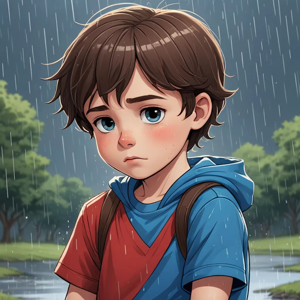 a boy with a backpack standing in the rain with a river behind him and trees in the background,, sots art, a character portrait, Cedric Seaut (Keos Masons), rain