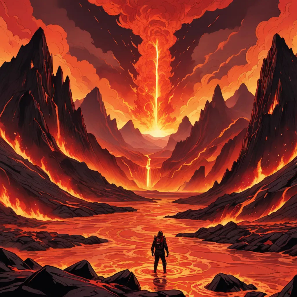 a man standing in a river surrounded by mountains and lavas with a red sky in the background and a red and orange lava, sots art, poster art, Dan Mumford, dan mumford. octane render