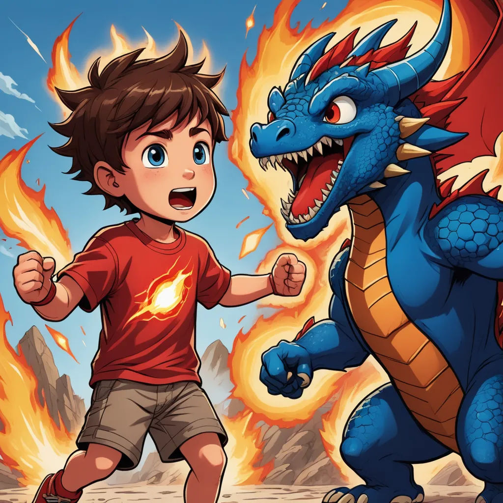 a boy and a dragon are fighting in front of a fireball that is on fire and the boy is running, fantasy art, a storybook illustration, Adam Rex, 2 d game art