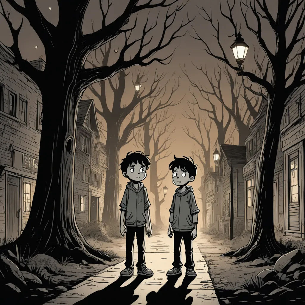 two boys standing in the middle of a street at night with a street light in the background and a creepy tree, underground comix, a storybook illustration, Asaf Hanuka, comic cover art