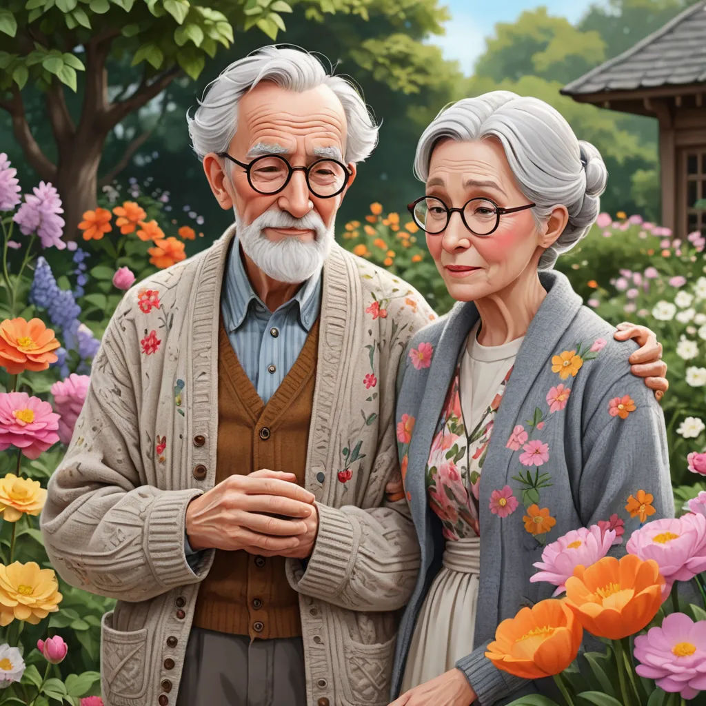 a painting of an elderly couple in a garden of flowers with a birdhouse in the background and a birdhouse in the foreground, naive art, a detailed painting, Bob Byerley, highly detailed digital painting