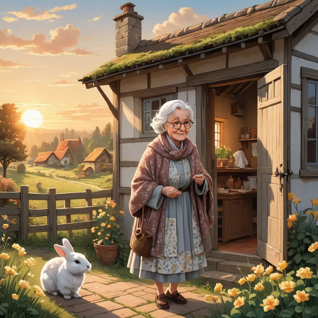 a painting of a woman standing in front of a house with a rabbit nearby and a dog sitting in the yard, american scene painting, a storybook illustration, Chris LaBrooy, storybook illustration