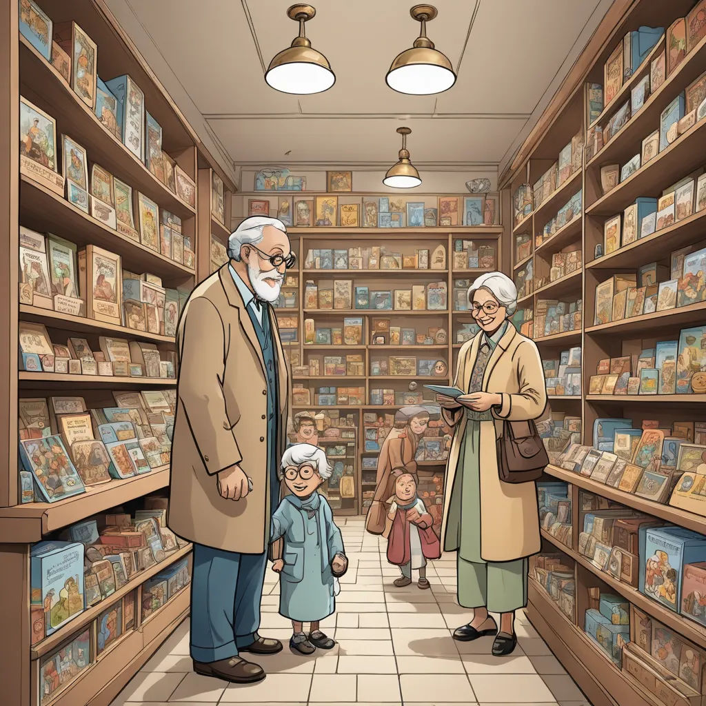 a man and woman are looking at a book in a store with a child and an older man standing in front of them, photorealism, a storybook illustration, Asaf Hanuka, official art