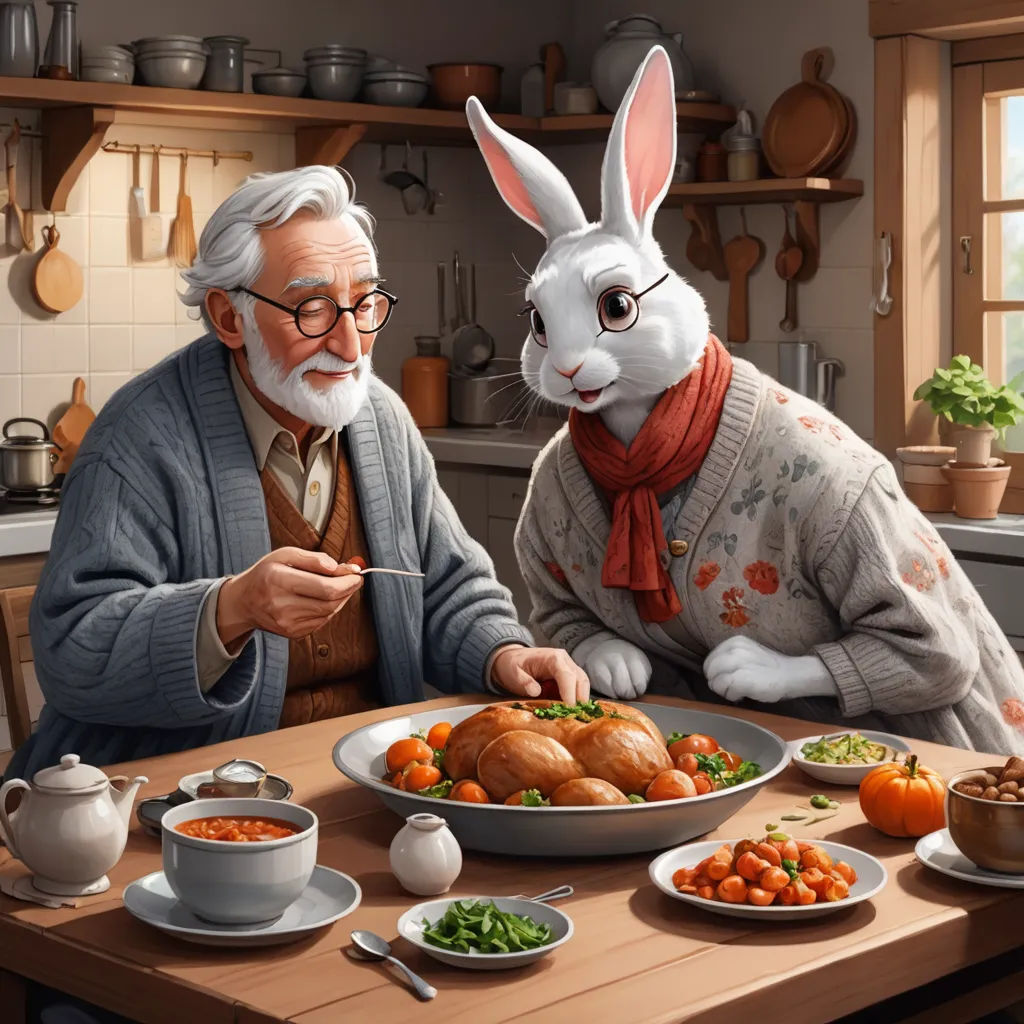 a painting of a man and a rabbit eating food at a table with a plate of food on it, fantastic realism, a storybook illustration, Bob Byerley, trending on art station