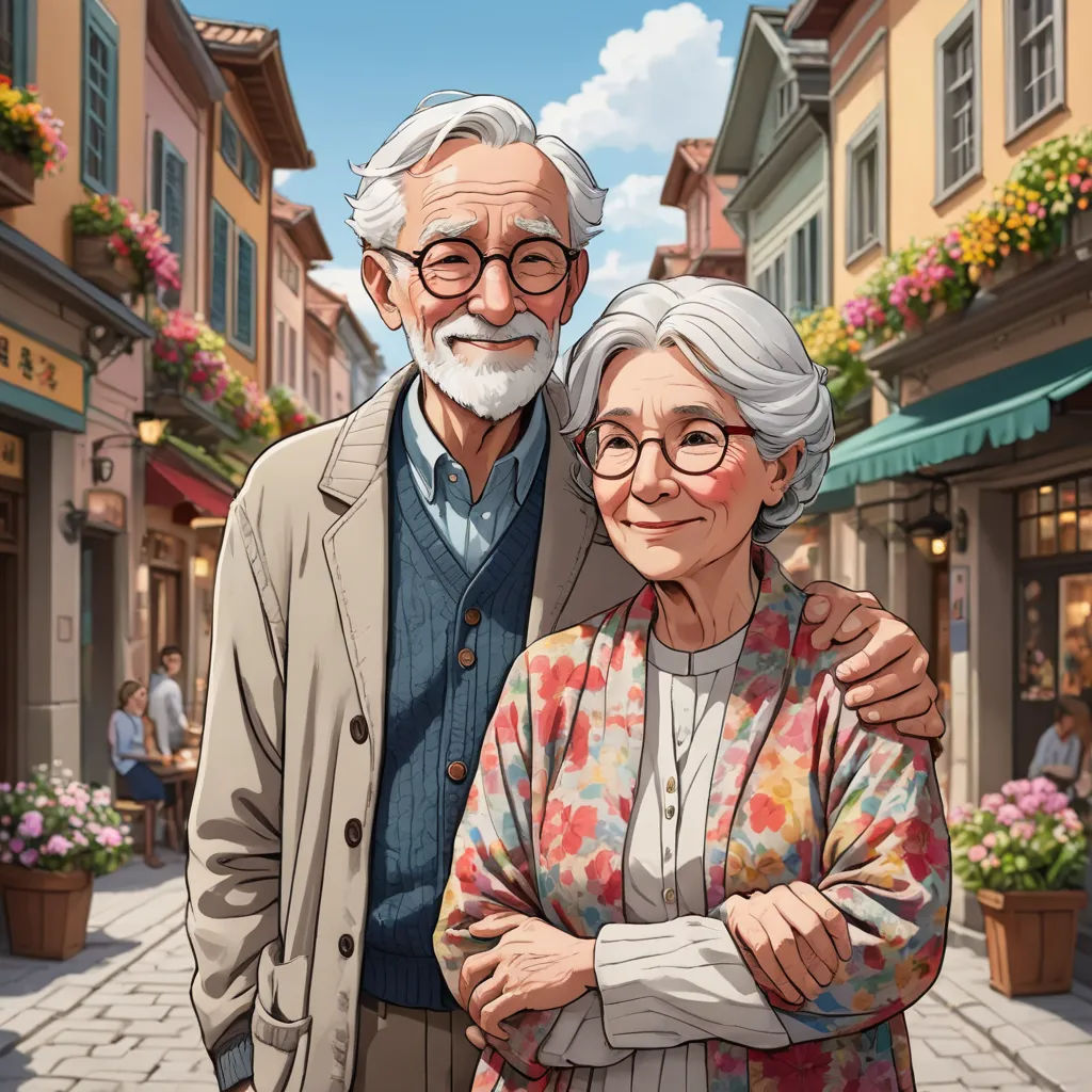 a man and woman standing next to each other on a street with flowers in the background and a building with a green roof, photorealism, a storybook illustration, Evgeny Lushpin, official art