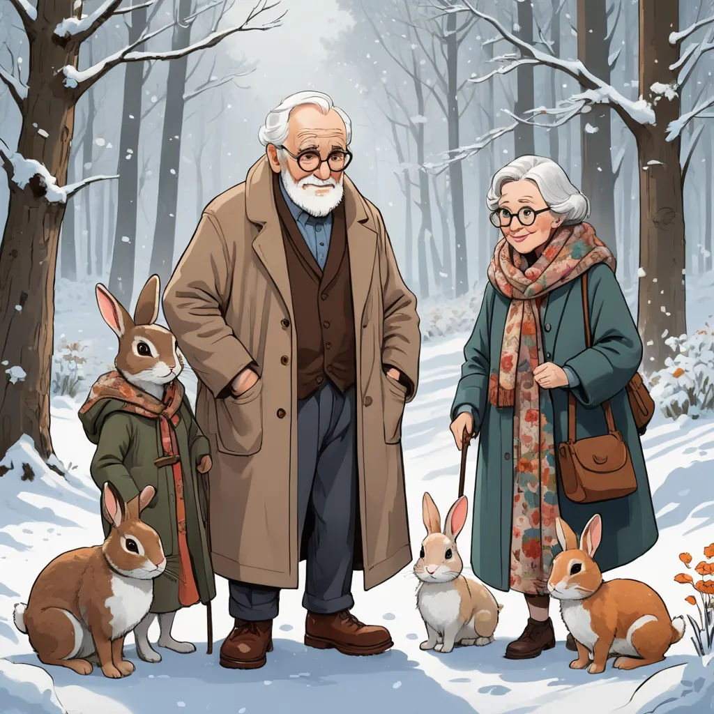 a man and woman standing next to two rabbits in the snow with a man in a coat and a woman in a coat, fantastic realism, a storybook illustration, Beatrix Potter, official art