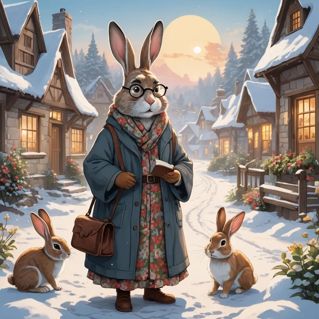a rabbit dressed in a winter coat and glasses standing next to a rabbit in a snow covered village with a book, furry art, a storybook illustration, Beatrix Potter, official art
