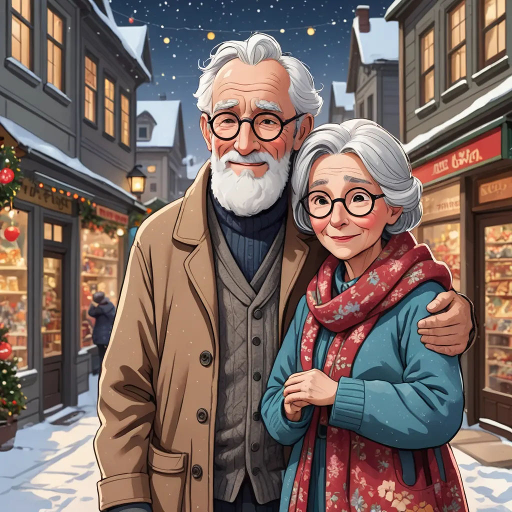 a man and woman standing in front of a christmas tree in a town square with a christmas tree in the background, photorealism, a storybook illustration, Evgeny Lushpin, official art